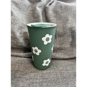 Sunday Morning Ceramic Travel Mug With Lid 18 Oz Green Happy Face Flower…